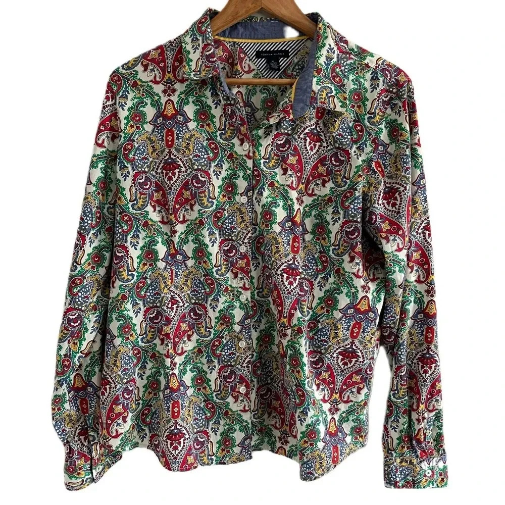 Tommy Hilfiger Women’s Long Sleeve Button Down Top Paisley XL Casual Work Shirt